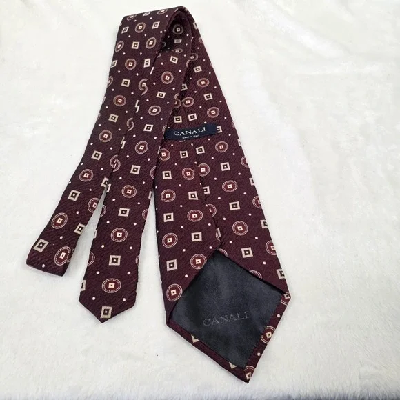 Canali Tie 100% Silk Maroon Geometric Print 4in Mens Handmade In Italy - Picture 2 of 7